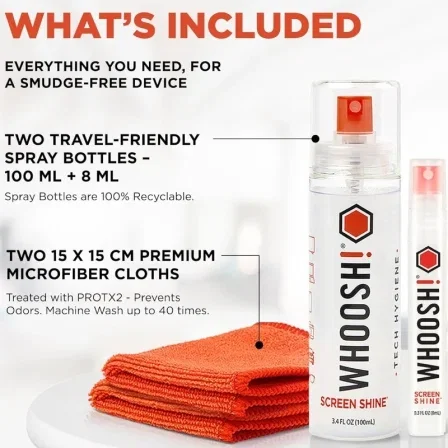 Whoosh Kit Limpiador de Pantallas DUO WSH004 - Spray 100ml y 8ml + 2 Paños Microfibra, para Pantallas y Gafas, No Tóxico Whoosh Kit Limpiador de Pantallas DUO WSH004 - Spray 100ml y 8ml + 2 Paños Microfibra, para Pantallas y Gafas, No Tóxico